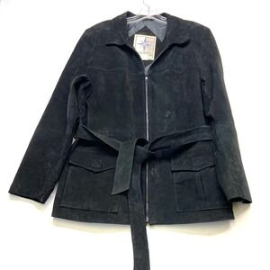 Middlebrook Park Suede Jacket Mens Medium Black Leather Outdoor Front Tie Belt